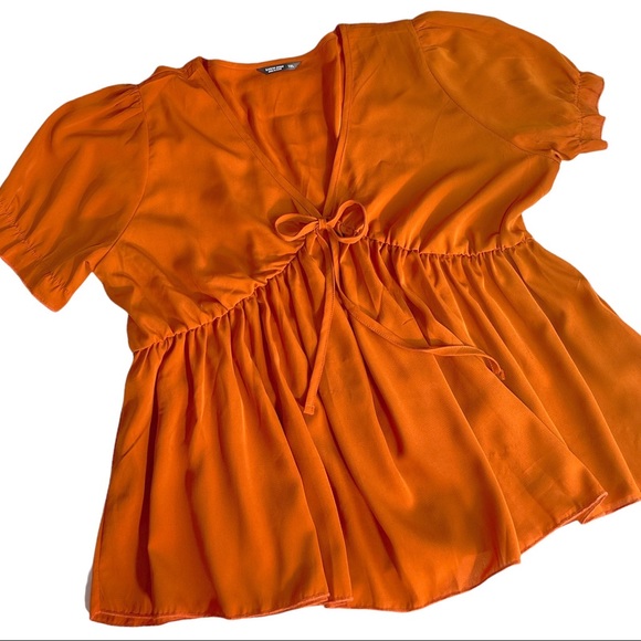 Shein Curve Plus Surplice Neck Puff Sleeve Peplum Top Rust Sexy V Neck - Picture 7 of 16